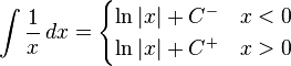 \int\frac{1}{x} \, dx= \begin{cases}
\ln |x| + C^- & x < 0 \\
\ln |x| + C^+ & x > 0
\end{cases}