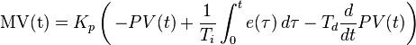 \mathrm{MV(t)}=K_p\left(\,{-PV(t)} + \frac{1}{T_i}\int_{0}^{t}{e(\tau)}\,{d\tau} - T_d\frac{d}{dt}PV(t)\right)