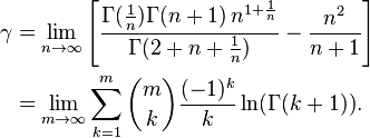 \begin{align} \gamma &= \lim_{n\to\infty}\left[\frac{ \Gamma(\frac1{n}) \Gamma(n+1)\, n^{1+\frac1{n}}}{\Gamma(2+n+\frac1{n})} - \frac{n^2}{n+1}\right] \\
&= \lim\limits_{m\to\infty}\sum_{k=1}^m{m \choose k}\frac{(-1)^k}{k}\ln(\Gamma(k+1)). \end{align}