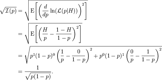 \begin{align}  
\sqrt{\mathcal{I}(p)} &= \sqrt{\operatorname{E}\!\left[ \left( \frac{d}{dp} \ln(\mathcal{L} (p|H)) \right)^2\right]} \\
&= \sqrt{\operatorname{E}\!\left[ \left( \frac{H}{p} - \frac{1-H}{1-p}\right)^2 \right]} \\
&= \sqrt{p^1 (1-p)^0 \left( \frac{1}{p} - \frac{0}{1-p}\right)^2 + p^0 (1-p)^1 \left(\frac{0}{p} - \frac{1}{1-p}\right)^2} \\
&= \frac{1}{\sqrt{p(1-p)}}.
\end{align}