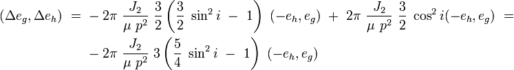 
\begin{align}
(\Delta e_g,\Delta e_h)\ =\ & -2\pi\ \frac {J_2}{\mu\ p^2}\ \frac{3}{2} \left(\frac{3}{2}\ \sin^2 i\ -\ 1\right)\ (-e_h ,e_g)\ + \ 2\pi\ \frac {J_2}{\mu\ p^2}\ \frac{3}{2}\ \cos^2 i (-e_h ,e_g )\ = \\
& -2\pi\ \frac {J_2}{\mu\ p^2}\ 3 \left(\frac{5}{4}\ \sin^2 i\ -\ 1\right)\ (-e_h ,e_g )
\end{align}
