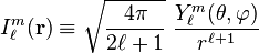  
I^m_{\ell}(\mathbf{r}) \equiv \sqrt{\frac{4\pi}{2\ell+1}} \; \frac{ Y^m_{\ell}(\theta,\varphi)}{r^{\ell+1}}
