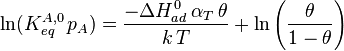 \ln (K^{A,0}_{eq}\,p_A) = \frac{-\Delta H^0_{ad} \, \alpha_T \, \theta}{k\,T} + \ln \left( \frac{\theta}{1-\theta}\right)