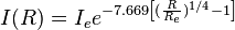 
I(R) = I_{e} e^{-7.669 \left[ (\frac{R}{R_{e}})^{1/4} - 1 \right]}
