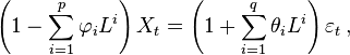  \left(1 - \sum_{i=1}^p \varphi_i L^i\right) X_t = \left(1 + \sum_{i=1}^q \theta_i L^i\right) \varepsilon_t \, ,