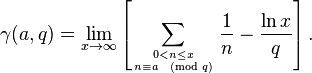 \gamma(a,q) = \lim_{x\to \infty}\left [\sum_{0<n\le x \atop n\equiv a \pmod q} \frac1{n}-\frac{\ln x}{q}\right].