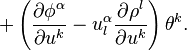 + \left( \frac{\partial \phi^{\alpha}}{\partial u^{k}} - u_{l}^{\alpha}\frac{\partial \rho^{l}}{\partial u^{k}} \right)\theta^{k}.\,