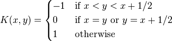 K(x,y)=
\begin{cases}
  -1 & \text{if } x<y<x+1/2  \\
   0 & \text{if } x=y \text{ or } y=x+1/2\\
   1 & \text{otherwise}
\end{cases}