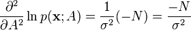 
\frac{\partial^2}{\partial A^2} \ln p(\mathbf{x}; A)
=
\frac{1}{\sigma^2} (- N)
=
\frac{-N}{\sigma^2}
