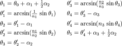 
   \begin{align}
      \theta_1 &= \theta_0 + \alpha_1 + \tfrac{1}{2} \alpha_2      &\theta'_3 &= \arcsin (\tfrac{n_2}{n_3} \, \sin \theta_3) \\
      \theta'_1 &= \arcsin (\tfrac{1}{n_1} \, \sin \theta_1) \quad &\theta_4 &= \theta'_3 - \alpha_3 \\
      \theta_2 &= \theta'_1 - \alpha_1                             &\theta'_4 &= \arcsin (n_3 \, \sin \theta_4) \\
      \theta'_2 &= \arcsin (\tfrac{n_1}{n_2} \, \sin \theta_2)     &\theta_5 &= \theta'_4 + \alpha_3 + \tfrac{1}{2} \alpha_2 \\
      \theta_3 &= \theta'_2 - \alpha_2
   \end{align}
