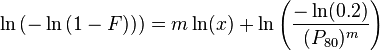 \ln\left(-\ln\left(1-F)\right)\right) = 
m\ln(x)+ \ln\left(\frac{-\ln(0.2)}{(P_{\rm{80}})^m}\right)