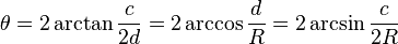  \theta = 2\arctan\frac{c}{2d}= 2\arccos\frac{d}{R} = 2\arcsin\frac{c}{2R}