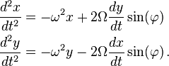 
\begin{align}
\dfrac{d^2x}{dt^2} &= -\omega^2 x + 2 \Omega \dfrac{dy}{dt} \sin(\varphi)\\
\dfrac{d^2y}{dt^2} &= -\omega^2 y - 2 \Omega \dfrac{dx}{dt} \sin(\varphi) \,.
\end{align}
