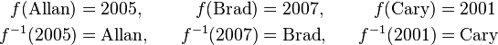 \begin{align}
 f(\text{Allan})&=2005 , \quad & f(\text{Brad})&=2007 , \quad & f(\text{Cary})&=2001 \\
 f^{-1}(2005)&=\text{Allan} , \quad & f^{-1}(2007)&=\text{Brad} , \quad & f^{-1}(2001)&=\text{Cary}
\end{align}
