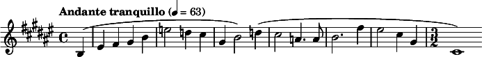 
  \relative c' { \clef treble \key fis \major \time 4/4 \tempo "Andante tranquillo" 4 = 63 \partial 4*1 b( eis fis gis b e2 d4 cis gis b2) d4( cis2 a4. a8 b2. fis'4 eis2 cis4 gis \time 3/2 cis,1) }
