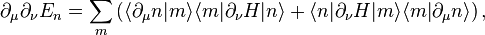 \partial_\mu\partial_\nu E_n=\sum_m\left (\langle \partial_\mu n|m\rangle\langle m|\partial_\nu H|n\rangle + \langle  n|\partial_\nu H|m\rangle\langle m|\partial_\mu n\rangle\right),