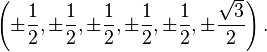 \left(\pm{1\over 2},\pm{1\over 2},\pm{1\over 2},\pm{1\over 2},\pm{1\over 2},\pm{\sqrt{3}\over 2}\right).