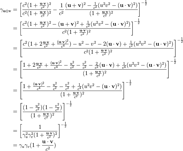 \begin{align}\gamma_{\mathbf u \oplus \mathbf v} &= \left[ \frac{c^2(1+\frac{\mathbf u \cdot \mathbf v}{c^2})^2}{c^2(1+\frac{\mathbf u \cdot \mathbf v}{c^2})^2}
 -   \frac{1}{c^2}\frac{ (\mathbf u + \mathbf v)^2 - \frac{1}{c^2}(u^2v^2 - (\mathbf u \cdot \mathbf v)^2)}{(1+\frac{\mathbf u \cdot \mathbf v}{c^2})^2}\right]^{-\frac{1}{2}}\\

&=\left[ \frac{c^2(1+\frac{\mathbf u \cdot \mathbf v}{c^2})^2 - (\mathbf u + \mathbf v)^2 + \frac{1}{c^2}(u^2v^2 - (\mathbf u \cdot \mathbf v)^2)}{c^2(1+\frac{\mathbf u \cdot \mathbf v}{c^2})^2}
\right]^{-\frac{1}{2}}\\

&=\left[ \frac{c^2(1+2\frac{\mathbf u \cdot \mathbf v}{c^2} + \frac{(\mathbf u \cdot \mathbf v)^2}{c^4}) - u^2 - v^2 - 2(\mathbf u \cdot \mathbf v) + \frac{1}{c^2}(u^2v^2 - (\mathbf u \cdot \mathbf v)^2)}{c^2(1+\frac{\mathbf u \cdot \mathbf v}{c^2})^2}
\right]^{-\frac{1}{2}}\\

&=\left[ \frac{1+2\frac{\mathbf u \cdot \mathbf v}{c^2} + \frac{(\mathbf u \cdot \mathbf v)^2}{c^4} - \frac{u^2}{c^2} - \frac{v^2}{c^2} - \frac{2}{c^2}(\mathbf u \cdot \mathbf v) + \frac{1}{c^4}(u^2v^2 - (\mathbf u \cdot \mathbf v)^2)}{(1+\frac{\mathbf u \cdot \mathbf v}{c^2})^2}
\right]^{-\frac{1}{2}}\\

&=\left[ \frac{1 + \frac{(\mathbf u \cdot \mathbf v)^2}{c^4} - \frac{u^2}{c^2} - \frac{v^2}{c^2} + \frac{1}{c^4}(u^2v^2 - (\mathbf u \cdot \mathbf v)^2)}{(1+\frac{\mathbf u \cdot \mathbf v}{c^2})^2}
\right]^{-\frac{1}{2}}\\

&=\left[ \frac{(1-\frac{u^2}{c^2})(1-\frac{v^2}{c^2})}{(1+\frac{\mathbf u \cdot \mathbf v}{c^2})^2}
\right]^{-\frac{1}{2}}\\

&=\left[ \frac{1}{\gamma_u^2\gamma_v^2(1+\frac{\mathbf u \cdot \mathbf v}{c^2})^2}
\right]^{-\frac{1}{2}}\\

&=\gamma_u\gamma_v(1+\frac{\mathbf u \cdot \mathbf v}{c^2})\end{align}