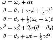 \begin{align}
\omega & = \omega_0 + \alpha t \\
\theta &= \theta_0 + \omega_0t + \tfrac12\alpha t^2 \\
\theta & = \theta_0 + \tfrac12(\omega_0 + \omega)t \\
\omega^2 & = \omega_0^2 + 2\alpha(\theta - \theta_0) \\
\theta & = \theta_0 + \omega t - \tfrac12\alpha t^2 \\
\end{align}