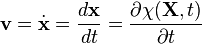 \ \mathbf v = \dot{\mathbf x} =\frac{d\mathbf x}{dt}=\frac{\partial \chi(\mathbf X,t)}{\partial t} 