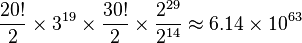 \frac{20!}{2} \times 3^{19} \times \frac{30!}{2} \times \frac{2^{29}}{2^{14}} \approx 6.14 \times 10^{63}