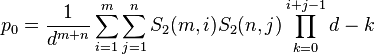 p_0 =\frac{1}{d^{m+n}} \sum_{i=1}^m \sum_{j=1}^n S_2(m,i) S_2(n,j) \prod_{k=0}^{i+j-1} d - k