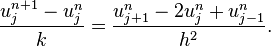  \frac{u_{j}^{n+1} - u_{j}^{n}}{k} = \frac{u_{j+1}^n - 2u_{j}^n + u_{j-1}^n}{h^2}. \, 