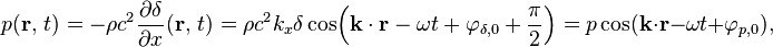 p(\mathbf{r},\, t) = -\rho c^2 \frac{\partial \delta}{\partial x} (\mathbf{r},\, t) = \rho c^2 k_x \delta \cos\!\left(\mathbf{k} \cdot \mathbf{r} - \omega t + \varphi_{\delta, 0} + \frac{\pi}{2}\right) = p \cos(\mathbf{k} \cdot \mathbf{r} - \omega t + \varphi_{p, 0}),
