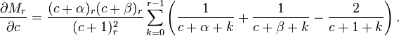 \frac{\partial M_r}{\partial c}= \frac{(c + \alpha)_r (c + \beta)_r}{(c + 1)_r^2}\sum_{k=0}^{r-1} \left(\frac{1}{c + \alpha + k} + \frac{1}{c + \beta + k} - \frac{2}{c + 1 + k}\right).