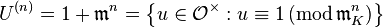 U^{(n)}=1+\mathfrak{m}^n=\left\{u\in\mathcal{O}^\times:u\equiv1\, (\mathrm{mod}\,\mathfrak{m}_K^n)\right\}