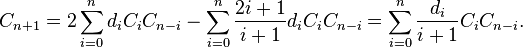 C_{n+1} = 2 \sum_{i=0}^n d_i C_i C_{n-i} - \sum_{i=0}^n \frac{2i+1}{i+1} d_i C_i C_{n-i} = \sum_{i=0}^n \frac{d_i}{i+1} C_i C_{n-i}.