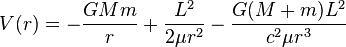 
V(r) = -\frac{GMm}{r} + \frac{ L^2 }{ 2 \mu r^2 } - \frac{ G(M+m) L^2 }{ c^2 \mu r^3 }
