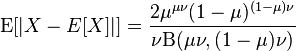 \operatorname{E}[| X - E[X]|] = \frac{2 \mu^{\mu\nu} (1-\mu)^{(1-\mu)\nu}}{\nu \Beta(\mu \nu,(1-\mu)\nu)}