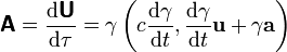 \boldsymbol{\mathsf{A}} =\frac{\mathrm{d}\boldsymbol{\mathsf{U}} }{\mathrm{d} \tau} = \gamma \left( c\frac{\mathrm{d}\gamma}{\mathrm{d}t}, \frac{\mathrm{d}\gamma}{\mathrm{d}t} \mathbf{u} + \gamma \mathbf{a} \right)