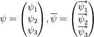 \psi=\begin{pmatrix}\psi_{1}\\
\psi_{2}\\
\psi_{3}
\end{pmatrix},\overline{\psi}=\begin{pmatrix}\overline{\psi}^*_{1}\\
\overline{\psi}^*_{2}\\
\overline{\psi}^*_{3}
\end{pmatrix}
