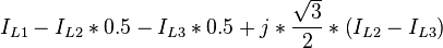 I_{L1} - I_{L2}*0.5 - I_{L3}*0.5 + j*\frac{\sqrt{3}}{2}*\left(I_{L2} - I_{L3}\right)