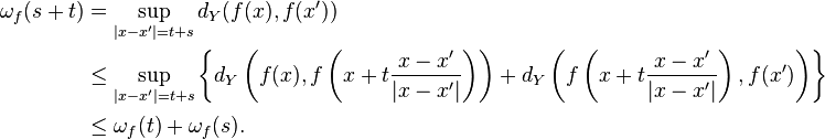 \begin{align}
\omega_f(s+t) &=\sup_{|x-x'|=t+s} d_Y(f(x),f(x')) \\
&\leq \sup_{|x-x'|=t+s}\left\{d_Y\left( f(x), f\left(x +t\frac{x-x'}{|x-x'|}\right)\right) + d_Y\left( f\left(x +t\frac{x-x'}{|x-x'|}\right), f(x')\right )\right\} \\
&\leq \omega_f(t)+\omega_f(s).
\end{align}