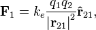 \qquad\mathbf F_1=k_e\frac{q_1q_2}{{|\mathbf r_{21}|}^2} \mathbf{\hat{r}}_{21},\qquad