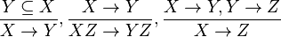 \frac{Y \subseteq X}{X \rightarrow Y}, \frac{X \rightarrow Y}{XZ \rightarrow YZ}, \frac{X \rightarrow Y, Y \rightarrow Z }{X \rightarrow Z}