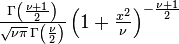 \textstyle\frac{\Gamma \left(\frac{\nu+1}{2} \right)} {\sqrt{\nu\pi}\,\Gamma \left(\frac{\nu}{2} \right)} \left(1+\frac{x^2}{\nu} \right)^{-\frac{\nu+1}{2}}\!