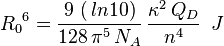  {R_0}^6 = \frac{9\ (\,ln10)}{128 \, \pi^5 \, N_A} \, \frac{\kappa^2 \,Q_D}{n^4} \ \,J 