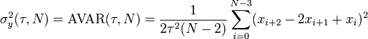 \sigma_y^2(\tau, N) = \text{AVAR}(\tau, N) = \frac{1}{2\tau^2(N-2)} \sum_{i=0}^{N-3}(x_{i+2}-2x_{i+1}+x_i)^2