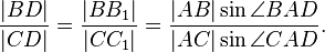 {\frac {|BD|} {|CD|}}= {\frac {|BB_1|}{|CC_1|}}=\frac {|AB|\sin \angle BAD}{|AC|\sin \angle CAD}.