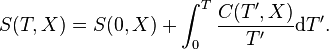 S(T,X)=S(0,X) + \int_0^T \frac {C(T^\prime,X)}{T^\prime}\mathrm{d}T^\prime.