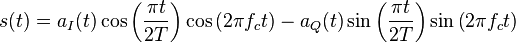 s(t) = a_{I}(t)\cos{\left(\frac{{\pi}t}{2T}\right)}\cos{(2{\pi}f_{c}t)}-a_{Q}(t)\sin{\left(\frac{{\pi}t}{2T}\right)}\sin{\left(2{\pi}f_{c}t\right)}