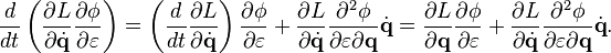 
\frac{d}{d t} \left( \frac{\partial L}{\partial \dot{\mathbf{q}}} \frac{\partial \phi}{\partial \varepsilon} \right) 
= \left( \frac{d}{d t} \frac{\partial L}{\partial \dot{\mathbf{q}}} \right) \frac{\partial \phi}{\partial \varepsilon} + \frac{\partial L}{\partial \dot{\mathbf{q}}} \frac{\partial^2 \phi}{\partial \varepsilon \partial \mathbf{q}} \dot{\mathbf{q}}
= \frac{\partial L}{\partial \mathbf{q}} \frac{\partial \phi}{\partial \varepsilon} + \frac{\partial L}{\partial \dot{\mathbf{q}}} \frac{\partial^2 \phi}{\partial \varepsilon \partial \mathbf{q}} \dot{\mathbf{q}}.
