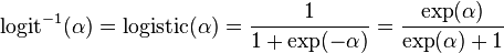 \operatorname{logit}^{-1}(\alpha) = \operatorname{logistic}(\alpha) = \frac{1}{1 + \operatorname{exp}(-\alpha)} = \frac{\operatorname{exp}(\alpha)}{ \operatorname{exp}(\alpha) + 1}