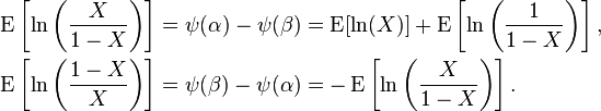 \begin{align}
\operatorname{E}\left[\ln \left (\frac{X}{1-X} \right ) \right] &=\psi(\alpha) - \psi(\beta)= \operatorname{E}[\ln(X)] +\operatorname{E} \left[\ln \left (\frac{1}{1-X} \right) \right],\\
\operatorname{E}\left [\ln \left (\frac{1-X}{X} \right ) \right ] &=\psi(\beta) - \psi(\alpha)= - \operatorname{E} \left[\ln \left (\frac{X}{1-X} \right) \right] .
\end{align}