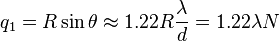 q_1 = R \sin \theta \approx 1.22 {R} \frac{\lambda}{d} = 1.22 \lambda N