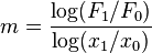  m = \frac {\log (F_1 / F_0)}{\log(x_1 / x_0)} 